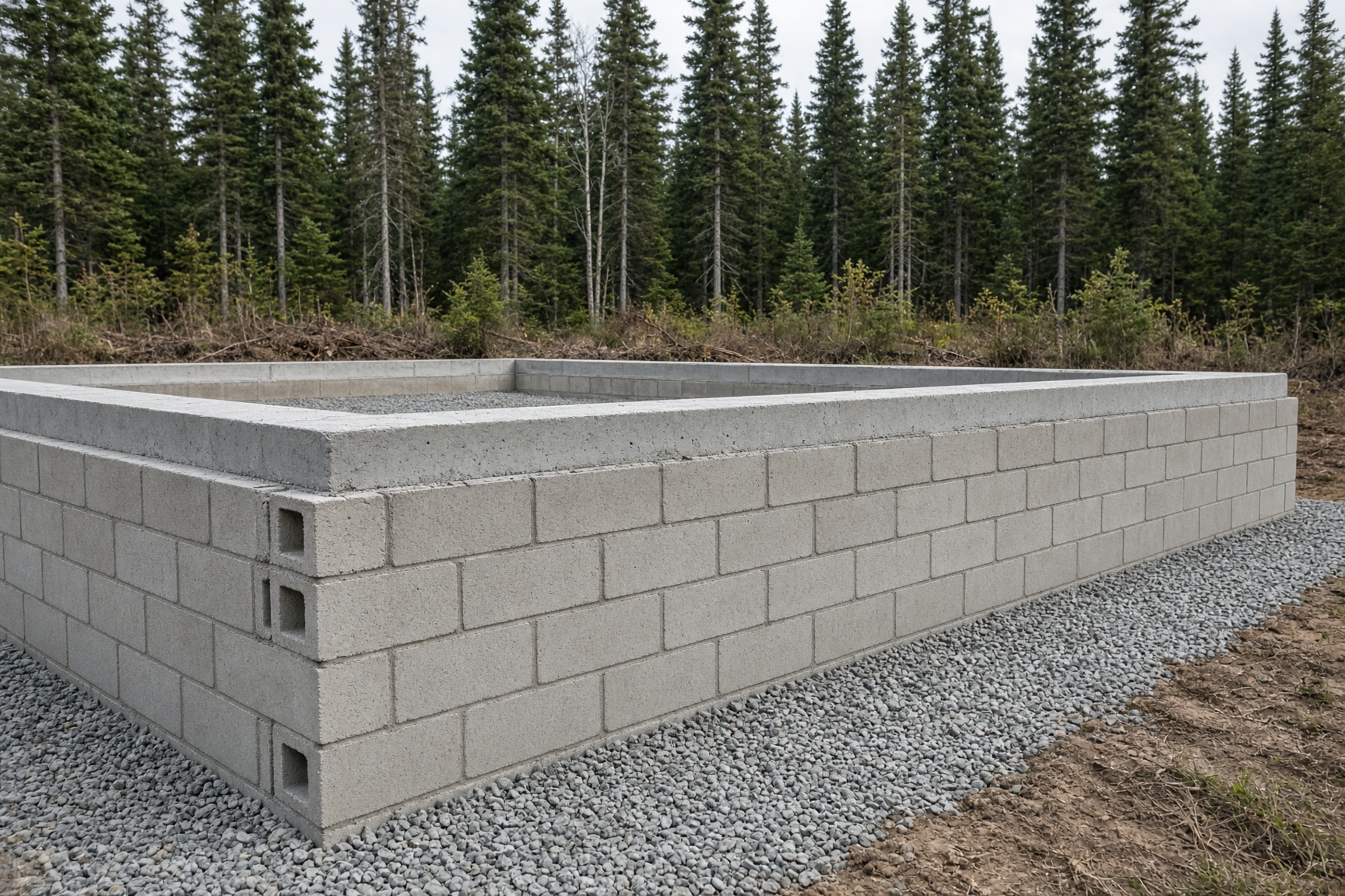 A freshly laid concrete block foundation on a gravel pad at the edge of spruce woods