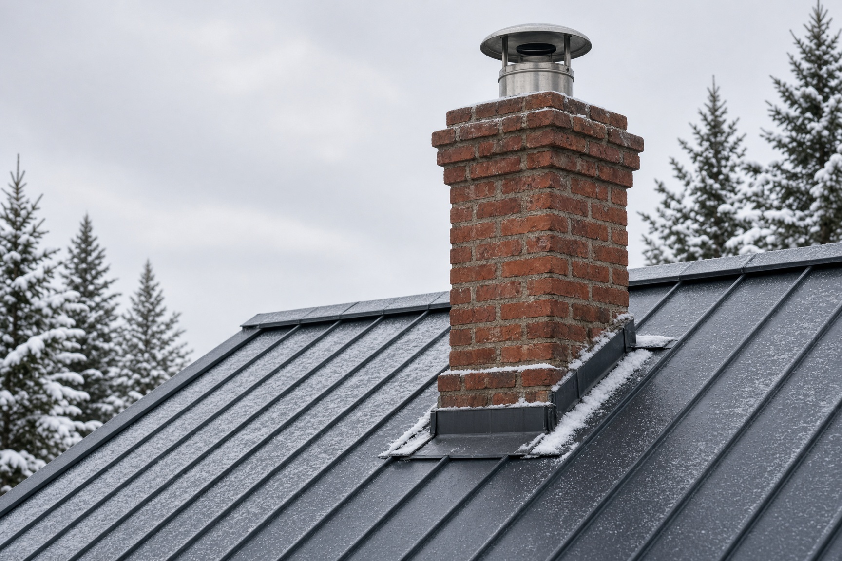 A brick chimney with a metal cap rising through a dark metal cottage roof in snow