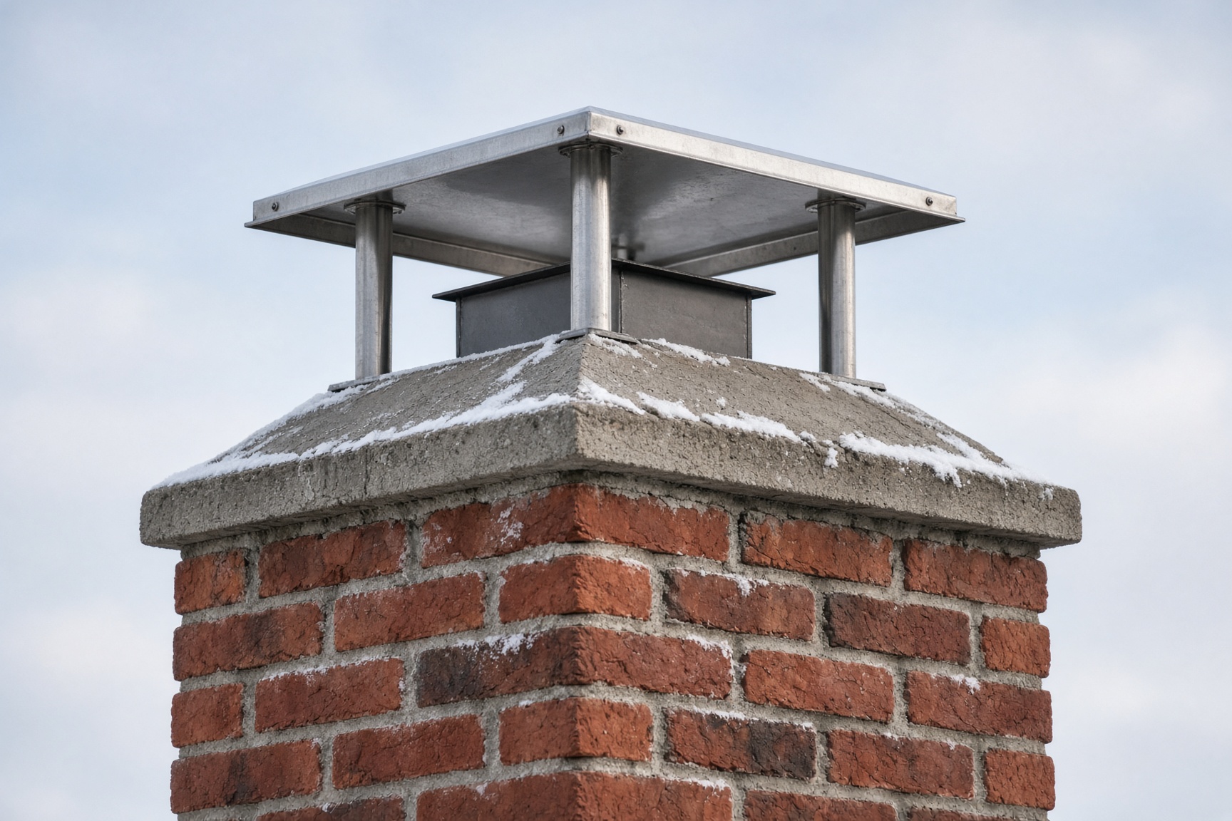 The sloped concrete crown and metal cap on top of a brick chimney