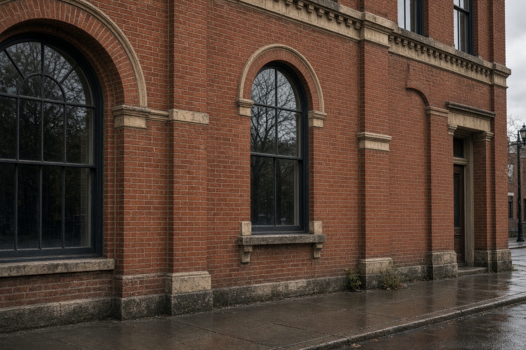 A historic red-brick facade with arched windows and stone sills on a wet street