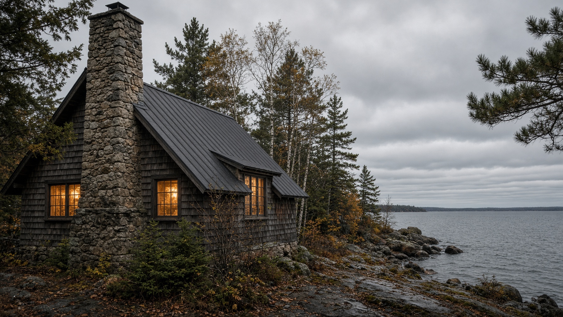 Fieldstone chimney on a cedar cottage beside a northern lake