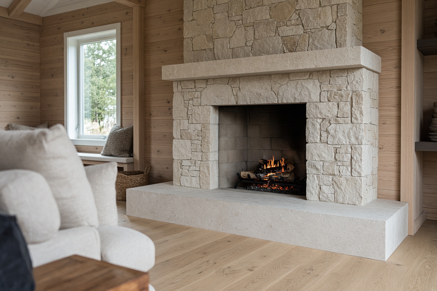 A stone masonry fireplace in a cottage room