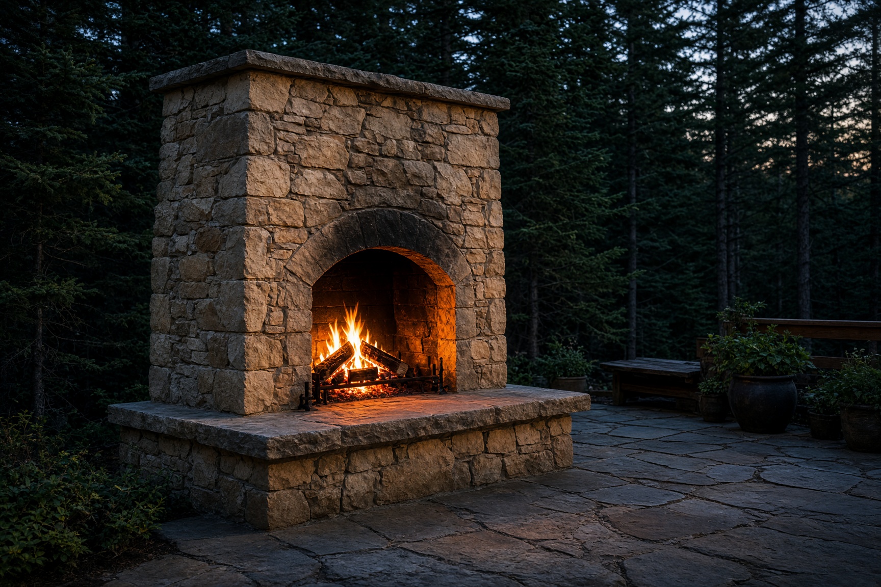 Stone outdoor fireplace on a patio