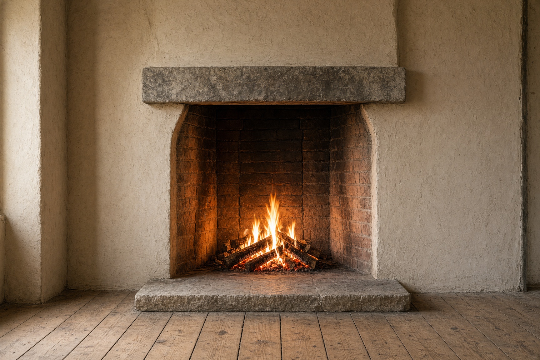 A traditional masonry fireplace